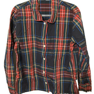 J Crew Womens Cotton Pajama Black Tartan Plaid Top Long Sleeve w Pocket Large